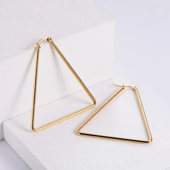 New 18K Gold Plated Stainless Steel Triangle Geometric Hoop Drop Earrings - Picture 5 of 7